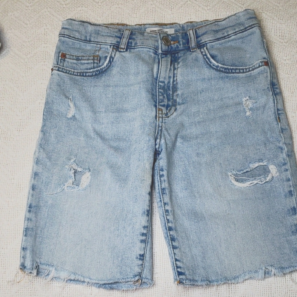 Zara Boys 11/12 Distressed Long Denim Jean Shorts w/ Adjustable Waist
